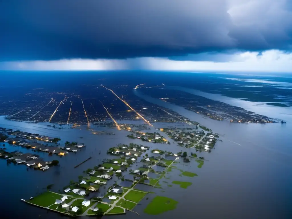 A dramatic aerial view of New Orleans during Hurricane Gustav in 2008, surrounded by the Gulf of Mexico