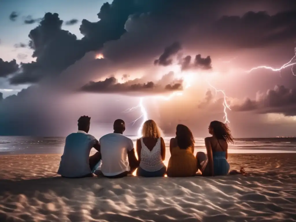 A group of friends sitting together happily on a beach despite the hurricane, with a lightning bolt illuminating the sky in the background