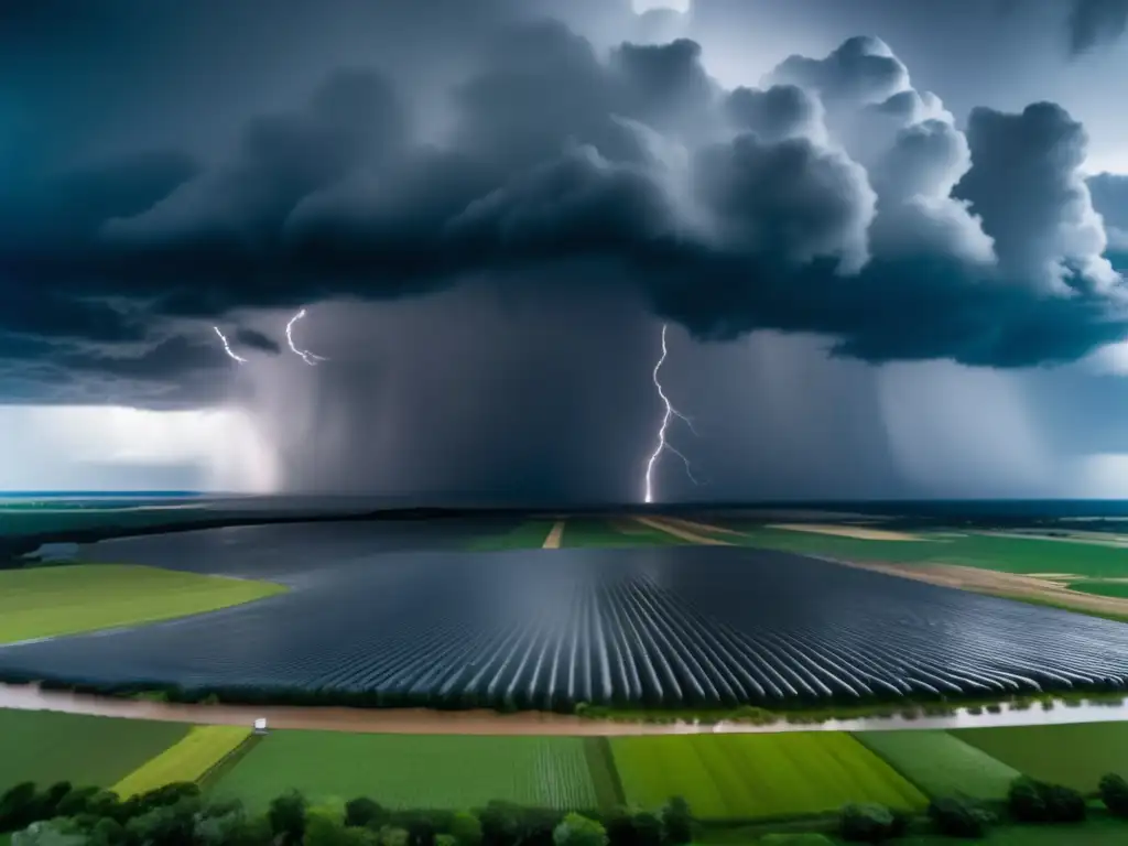 An aerial shot of a hurricane storm in full bloom, with dark clouds swirling around the sky, spewing rain and thunder