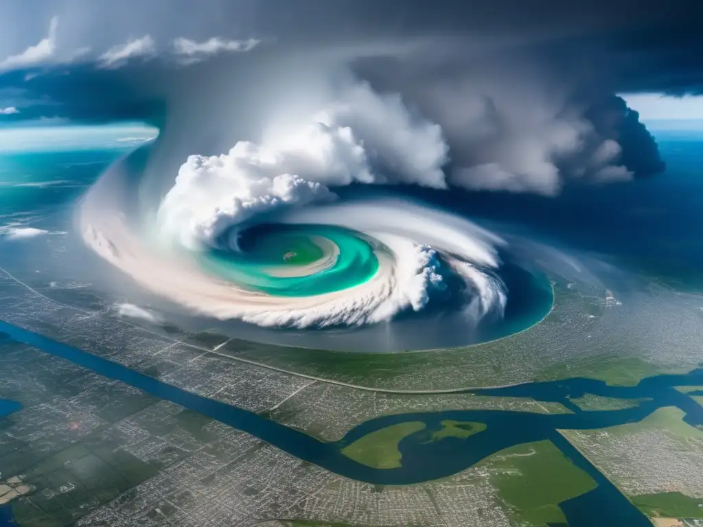 A dramatic aerial view of Hurricane Harvey, in full force, with NASA's iconic image overlaid in red to highlight its destructive path