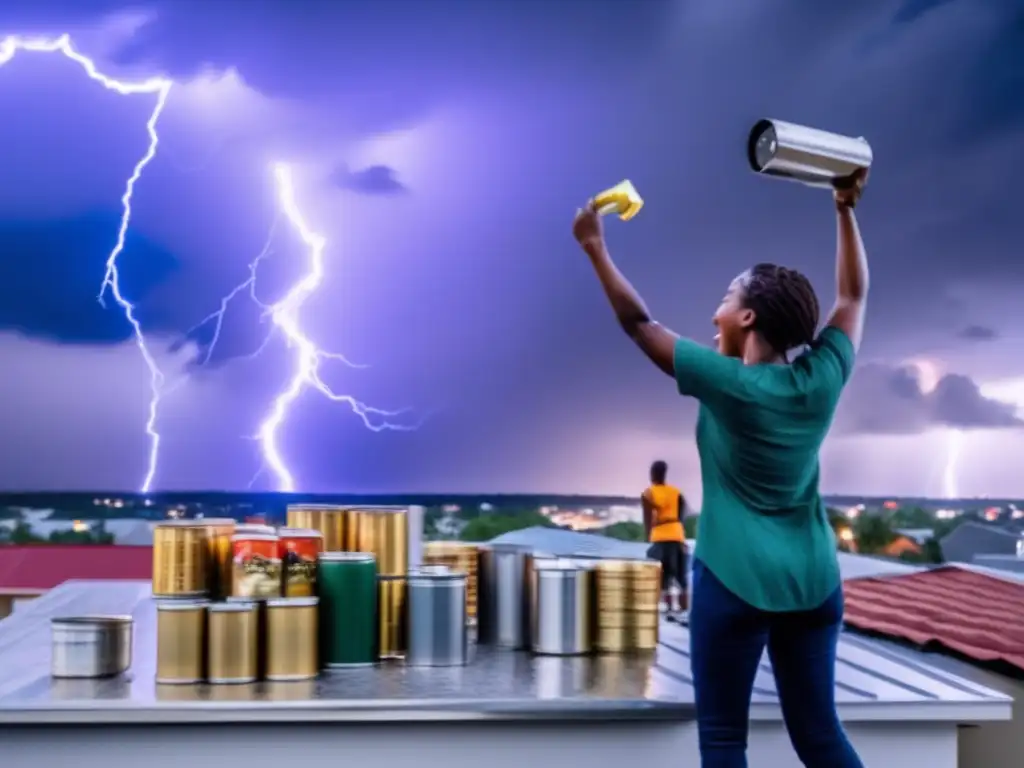 A person on a rooftop stands tall amidst a hurricane storm, holding a manual can opener as people bustle about trying to open a can of food