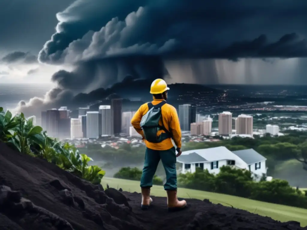 Man in heavy clothing, boots, and helmet stands resilient on hillside during hurricane, amidst flying debris, protecting family's home