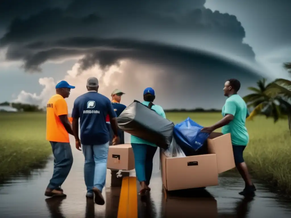 A group of humanitarians passionately serving their community, braving hurricane devastation with unwavering determination and generosity