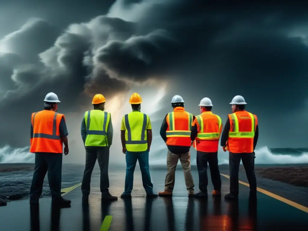 A cinematic image of a group of people in highvisibility safety vests standing in front of a hurricane scene captures their urgency