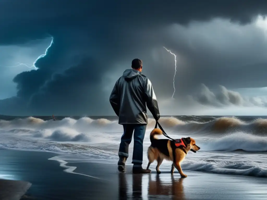 Amid the chaos of a hurricane, a pet owner clings tightly to their furry friend, protecting them from the pouring rain and raging wind