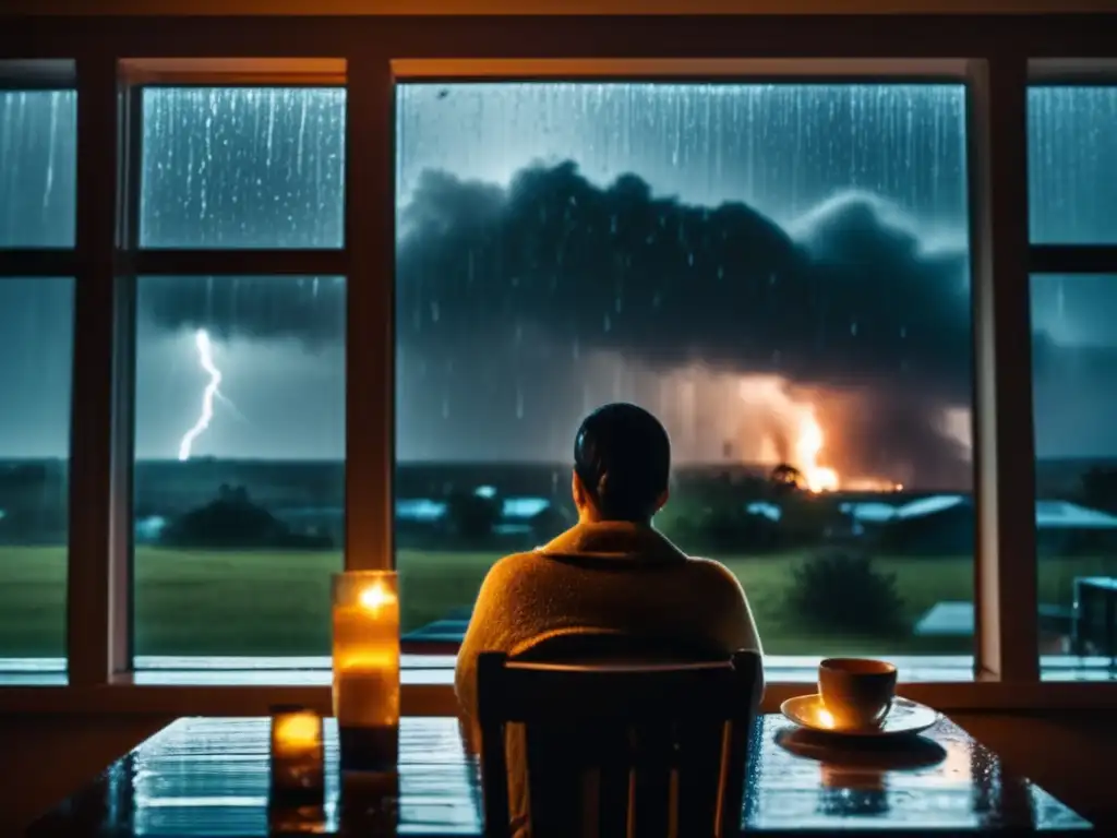 A person sits safely inside a cozy home during a hurricane, with torrential rain and flying debris visible in the distance