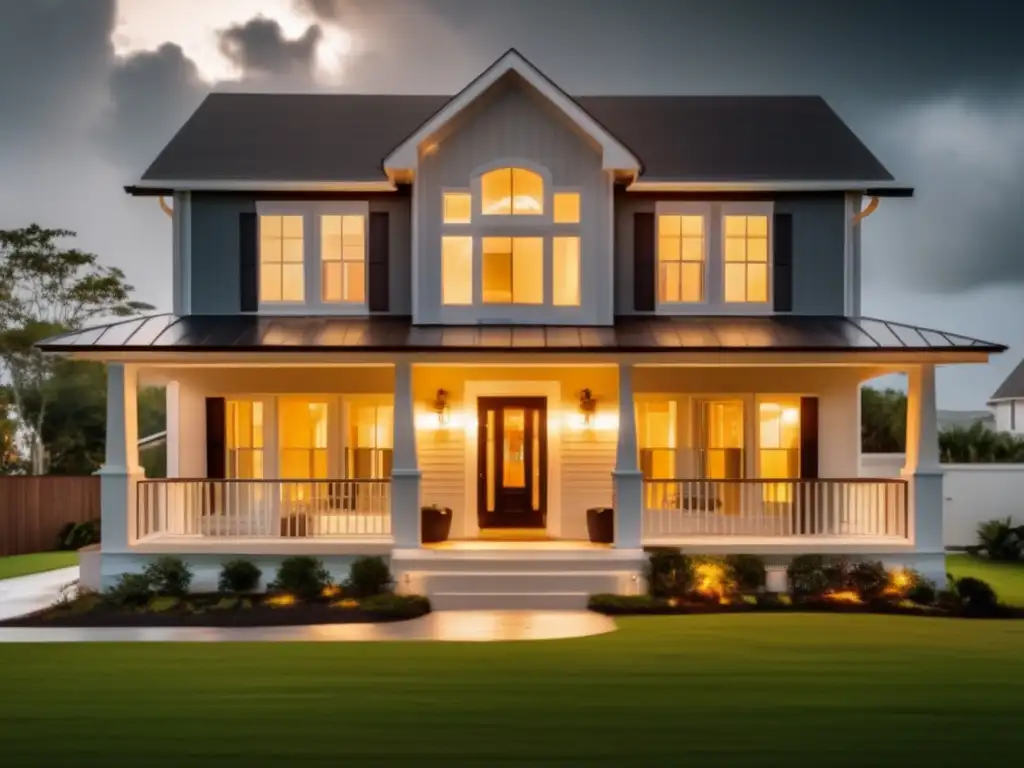 A vivid image of a two-story house with open doors and windows, captured during a hurricane season