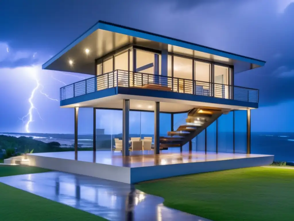 An emotionally intense image of a custom-built, hurricane-resistant home perched atop a protected platform, featuring strong support beams and reinforced materials such as galvanized steel, concrete blocks, and impact-resistant glass windows