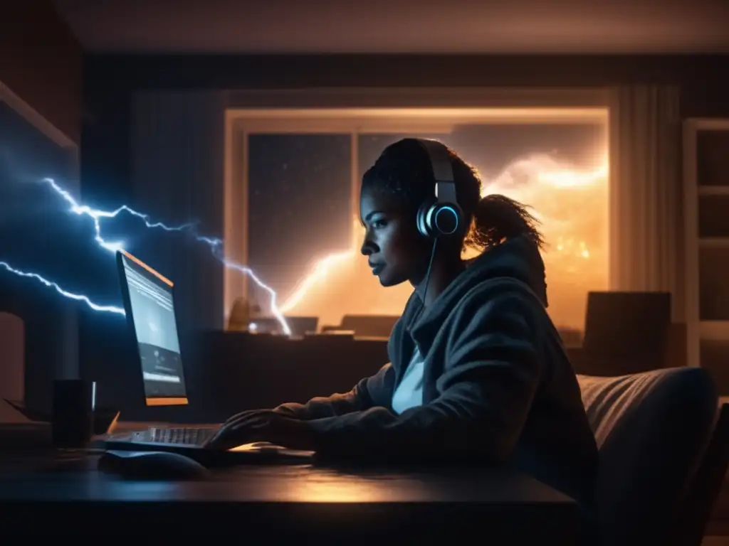 A dark living room during a hurricane, the only light comes from the computer screen as a person works, vulnerable and isolated