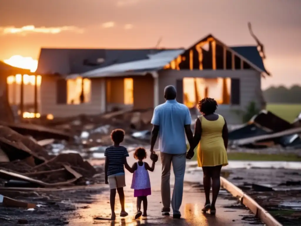 A family embraces, holding hands and looking out at the destruction caused by the hurricane