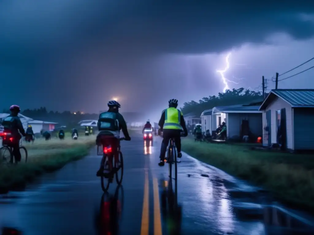 Amidst the devastation of a hurricane-ravaged town, cyclists pedal around on bicycle generators, providing electricity to vital services