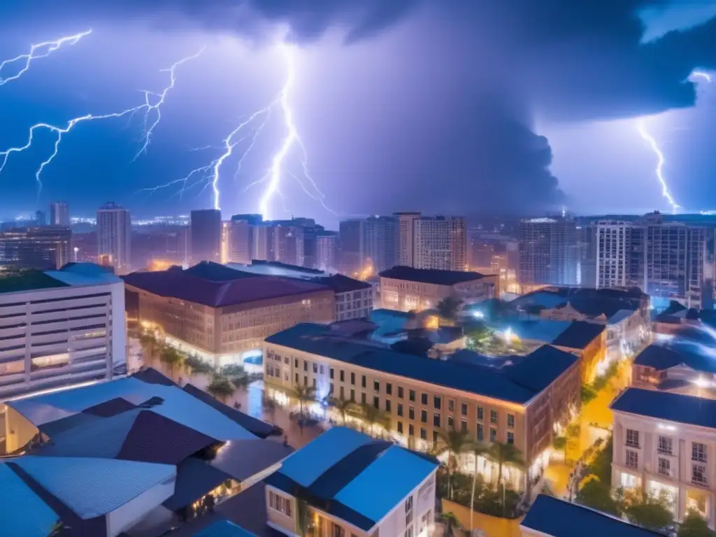 Hurricane ravages city, lightning illuminates people's fearful faces in city square while clinging their devices tightly