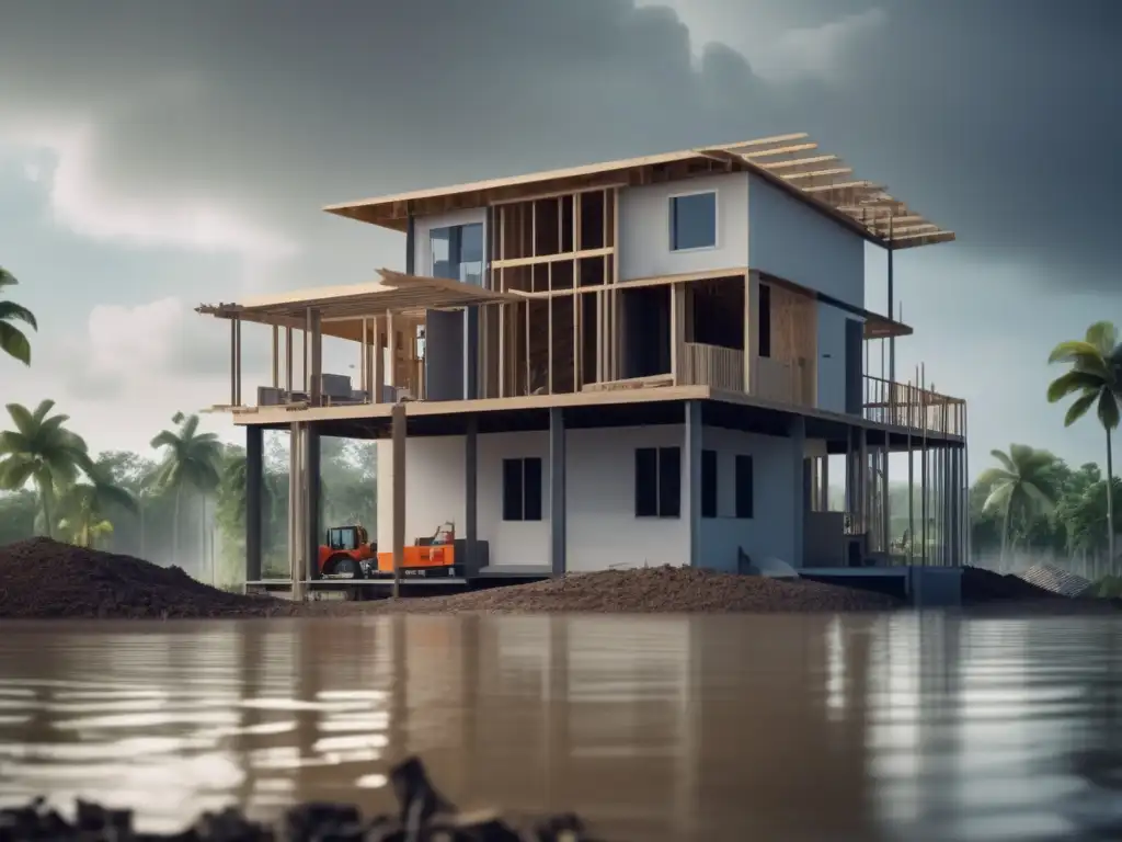 A modern, catastrophe-resistant house being built on a flood-prone area, showcasing the intricate machinery and workers involved in its construction