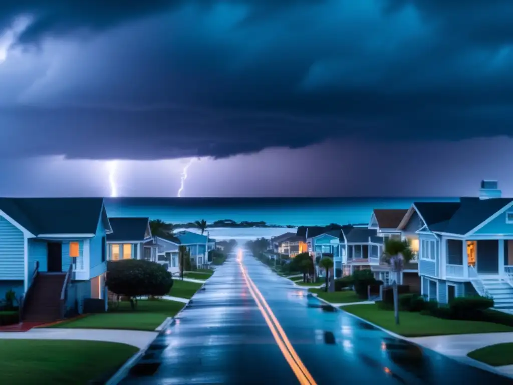 A cinematic scene of a coastline neighborhood with multiple rows of houses, facing an impending hurricane