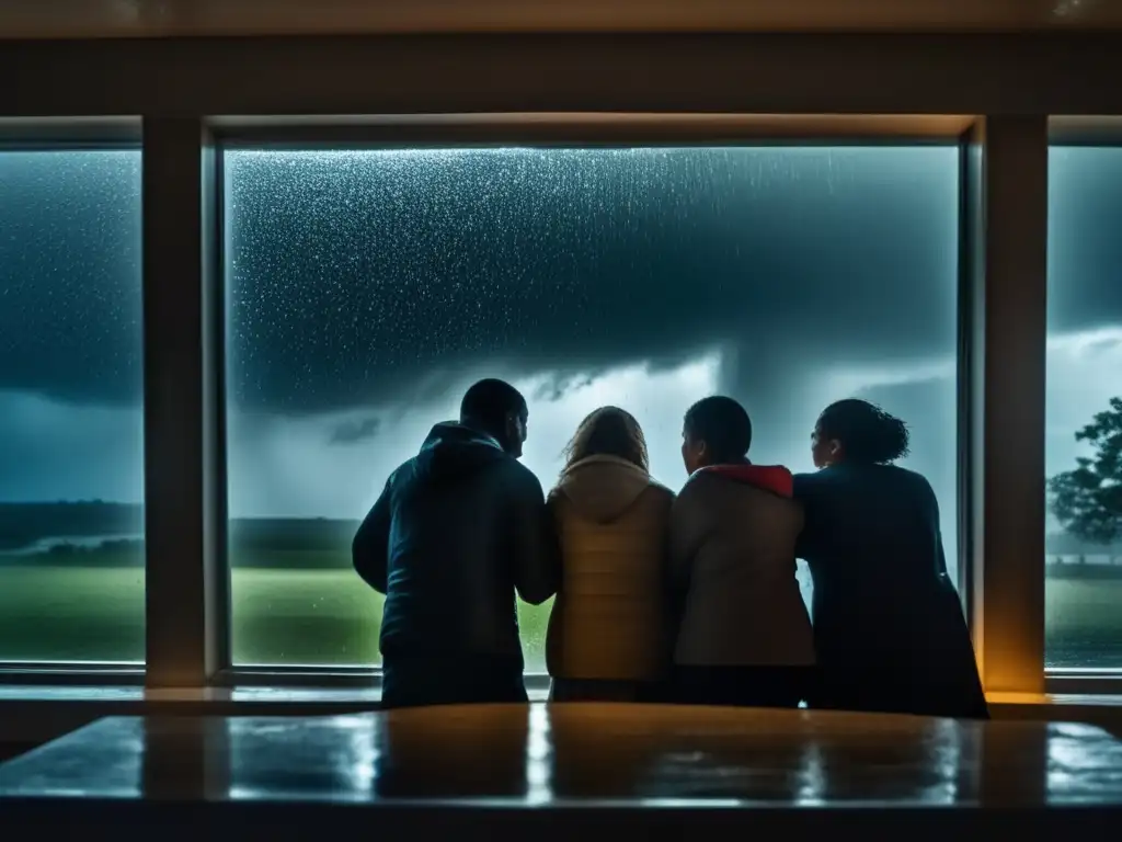 A harrowing image of people seeking refuge from nature's wrath during a hurricane, with lightning aflashing outside