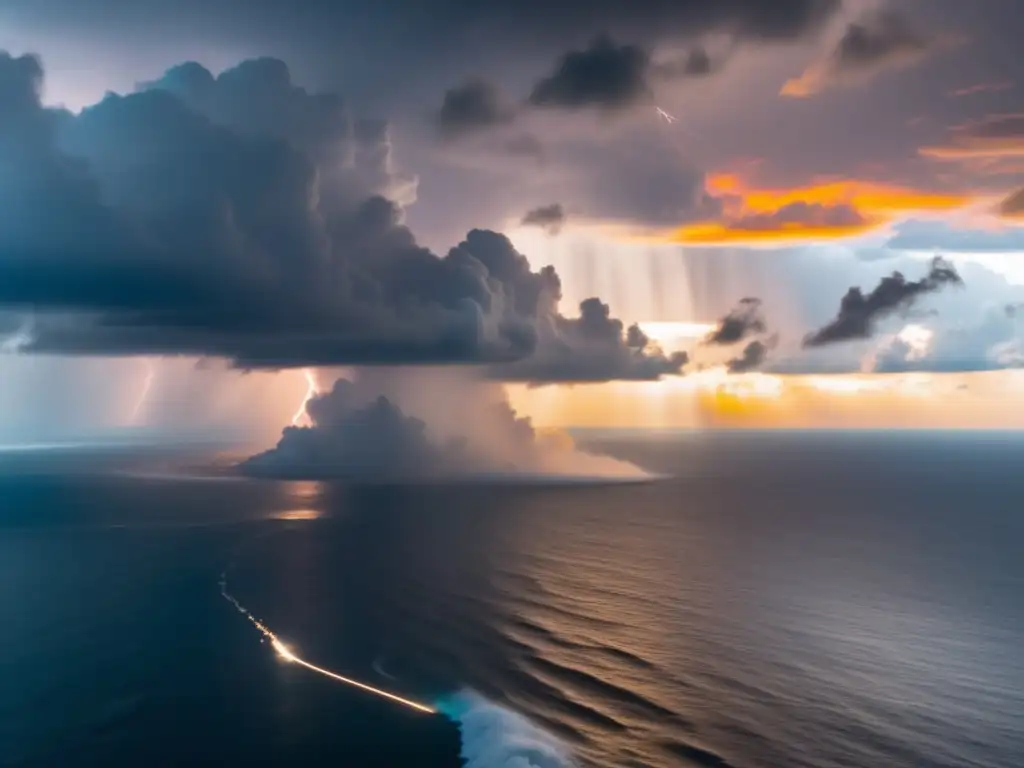 Amidst the turmoil of a towering hurricane, a small plane soars through the storm, braving nature's raw power