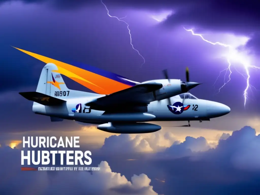 A World War II-era Lockheed T38 Lightning fighter jet in a stormy sky against a black night background, adorned with Hurricane Hotline logo and slogan, Oracle-generated lightning bolts illuminating the aircraft's cockpit, reflecting determination and apprehension, evoking emotional response with a stark contrast between beauty and fear, representing Hurricane Hunters' heroism, pride, and teamwork