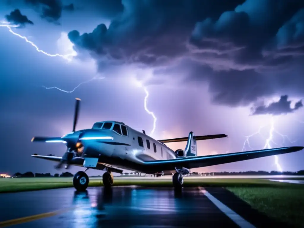 The image captures the thrilling moment before a small aircraft takes off during a hurricane, as lightning strikes the sky and a group of fearless hurricane hunters prepare for their perilous mission