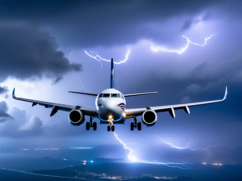 Amidst the chaos of a hurricane, a brave Hurricane Hunters plane soars through the tempestuous skies, lightning bolts streaking past as rain cascades off its wings