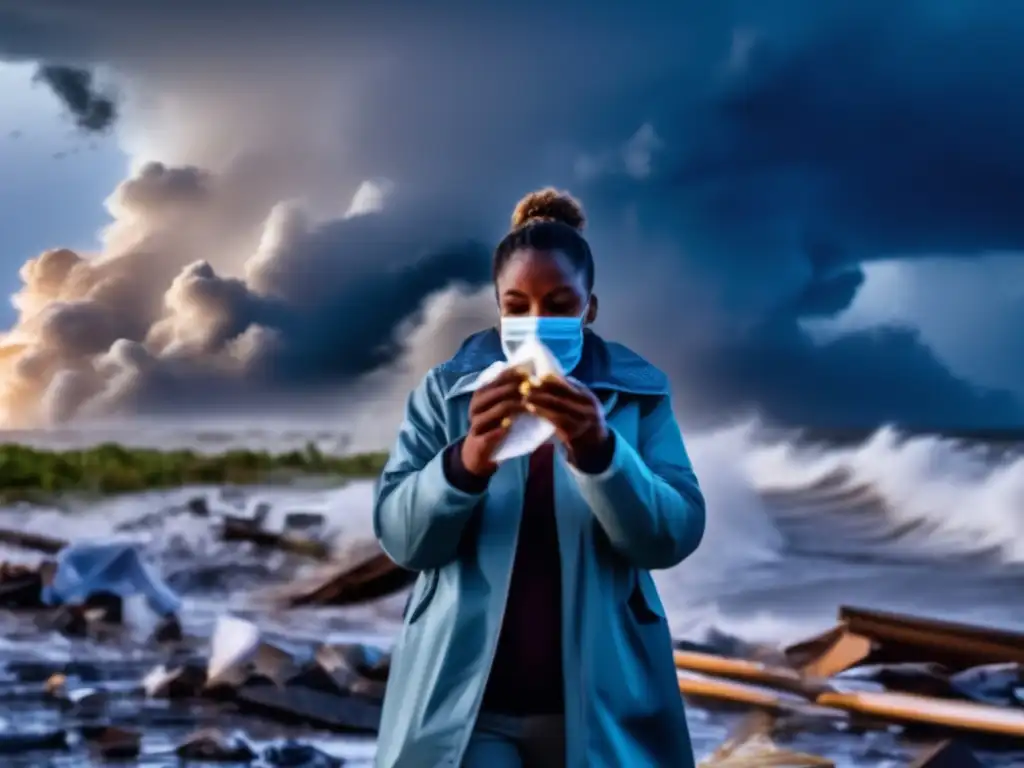 During the raging hurricane, a hero stands tall amidst flying debris and strong winds, expertly using an antiseptic wipe to clean their hands