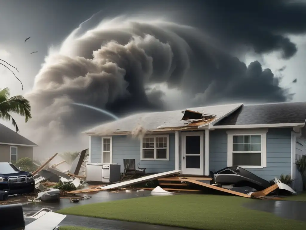 Witness the wrath of nature: a 8K resolution cinematic image of a hurricane tearing through a home, with appliances flying through the air in chaos