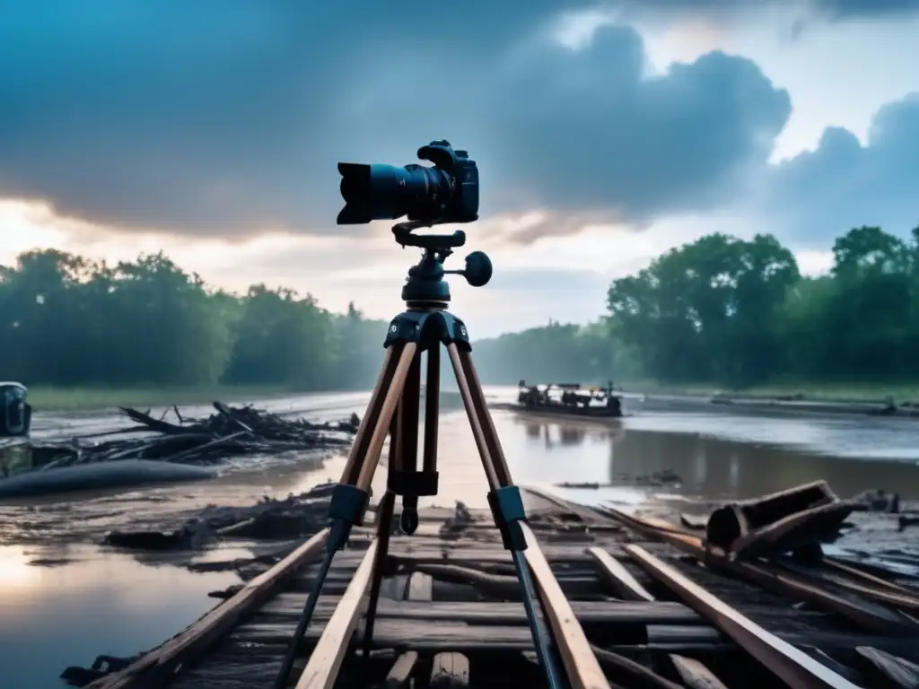 A cinematic film camera with a wooden tripod and rustic aesthetic captures the scene of a flooded street and disaster-stricken pets and their owners