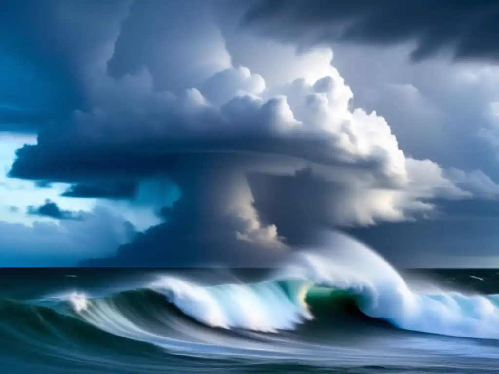 A hurricane's wrath unleashes over the ocean, with towering clouds, fierce winds, and dark, stormy skies