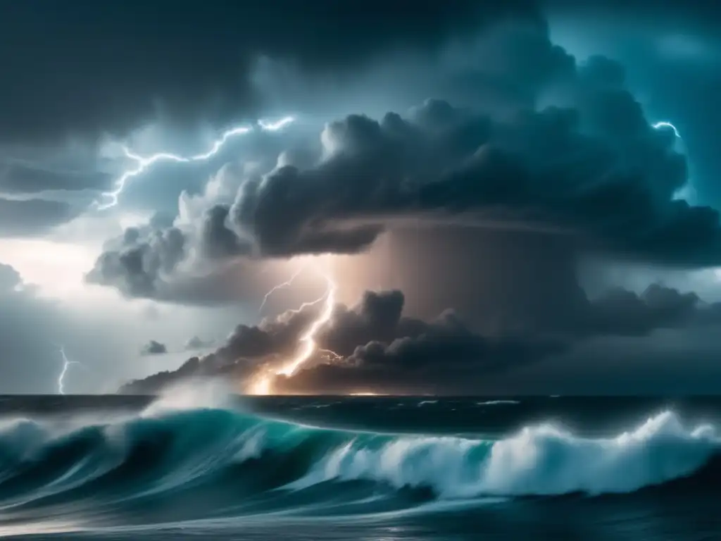 A haunting 8k image of a towering hurricane's wrath, lightning flashing against the turbulent sky, while the tranquil sea surrounds it