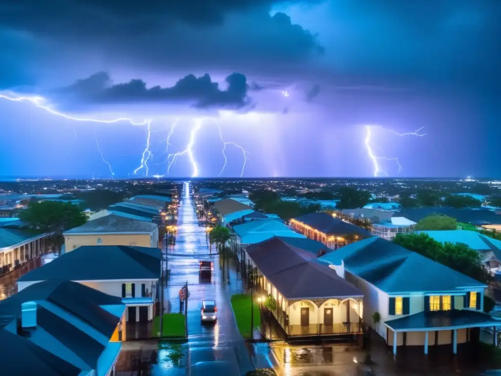 A gripping aerial view of New Orleans during a hurricane, where rainfall, lightning, and sky darkness reign supreme