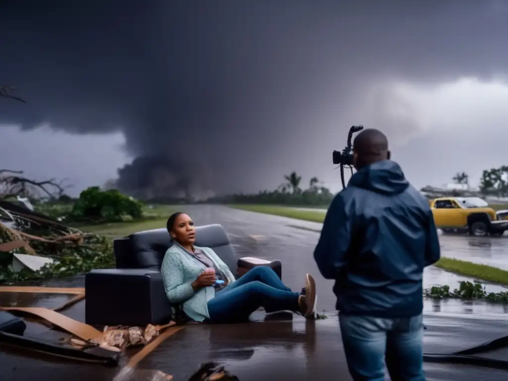 A haunting image captures the essence of a hurricane, as a person is interviewed on the ground amidst destruction