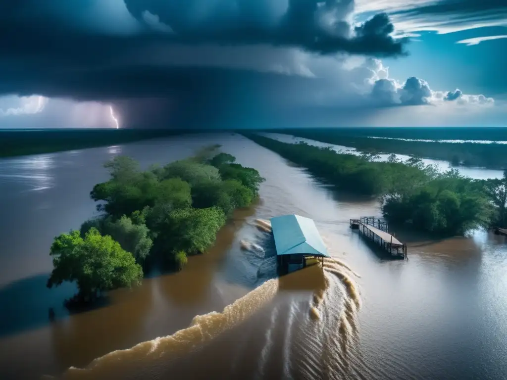 In a dark bayou, a hurricane's wrath dominates the scene, with towering waters obsuring everything in sight