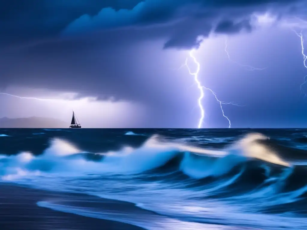 Amidst the chaos of a hurricane, a sailboat sails towards the open ocean, lightning strikes ominously overhead