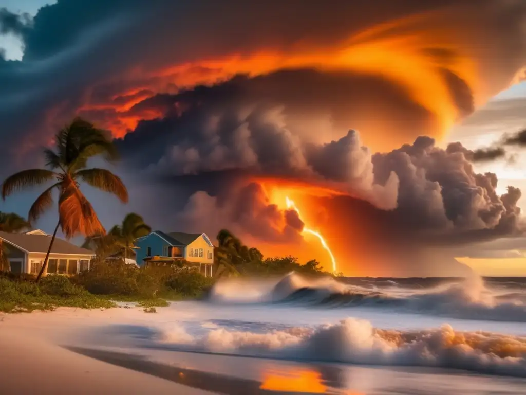 A heart-wrenching image of hurricane devastation in Florida, showing a beautifully lit sky as waves crash against the shore