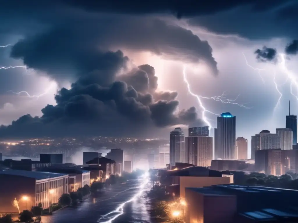 Hurricane Justice ravages city skyline, lighting up stormy clouds