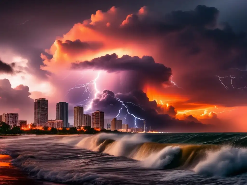 Stormy sky rages over a coastal city, lightning strikes illuminate orange and red sunset colors