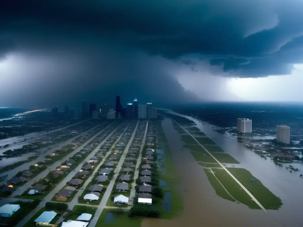 Hurricane Katrina rages over the city in this stark aerial view, contrasting typical hurricane movie shots with checkpoints and flooded areas in between