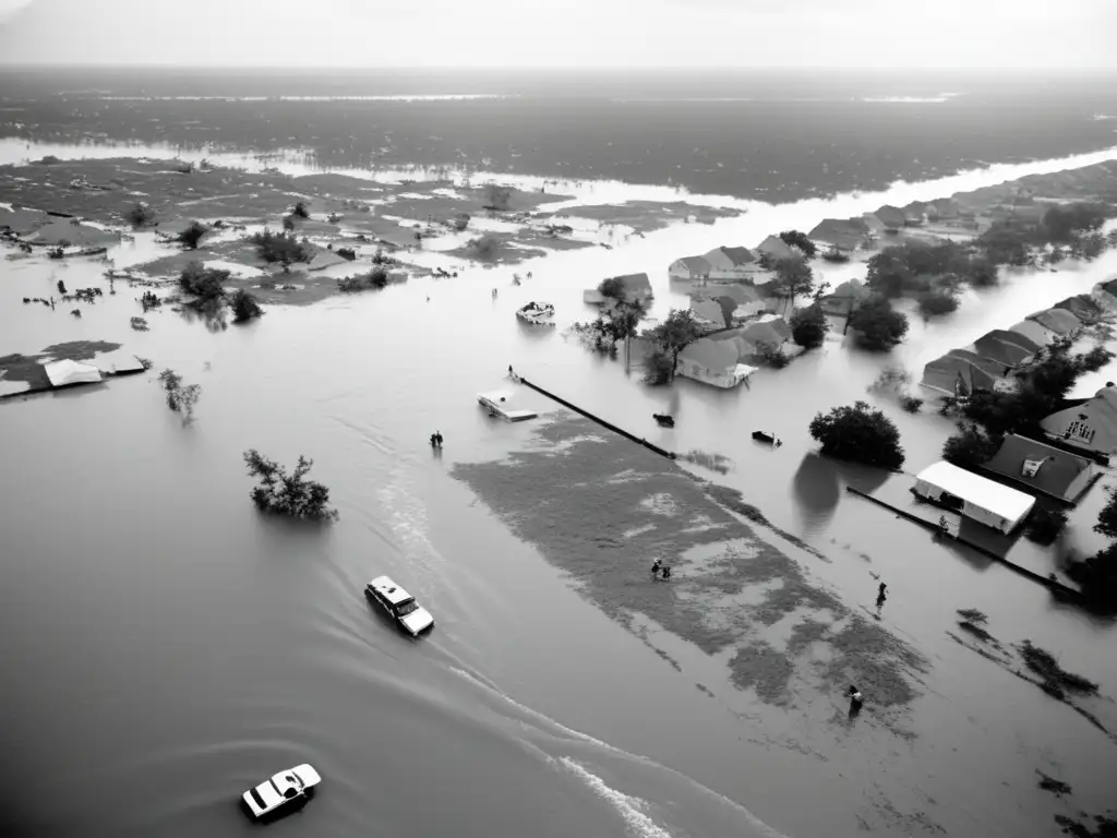 A haunting black and white image of Katrina's aftermath: rising waters, destroyed buildings, and desperate people amidst chaos and looting