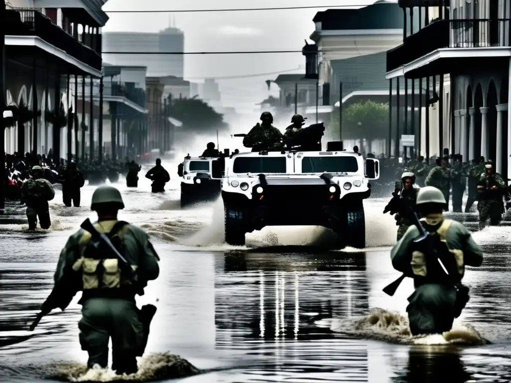 A haunting black-and-white photograph of armed National Guard troops in action during the aftermath of Hurricane Katrina, 2006