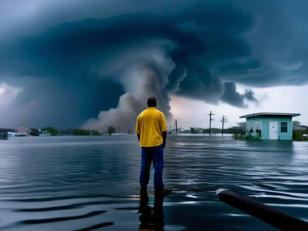 A heart-wrenching image of a person standing on top of a flooded building during Hurricane Katrina