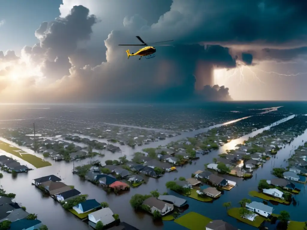 Hurricane Katrina's destructive wrath, a cinematic still image of devastated New Orleans, flooded streets, struggling humanity on rooftops and bridges, all set against a chaotic sunlit sky