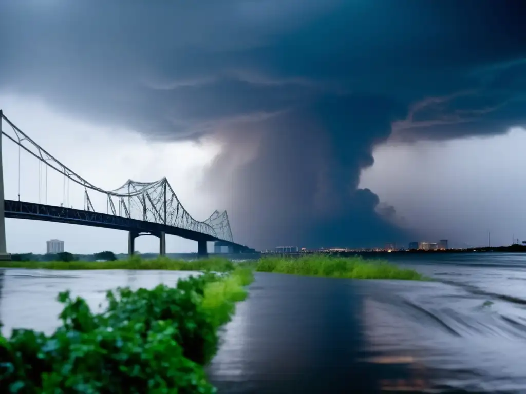 A cinematic image of Hurricane Katrina wrecking havoc in New Orleans, displaying the devastating effects of the fiercely raging wind and flood