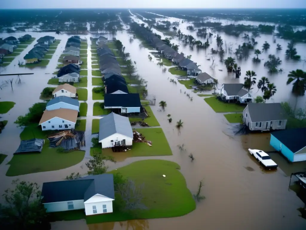 # Hurricane Katrina devasted this community, as seen in this cinematic aerial shot with rising water and strong winds