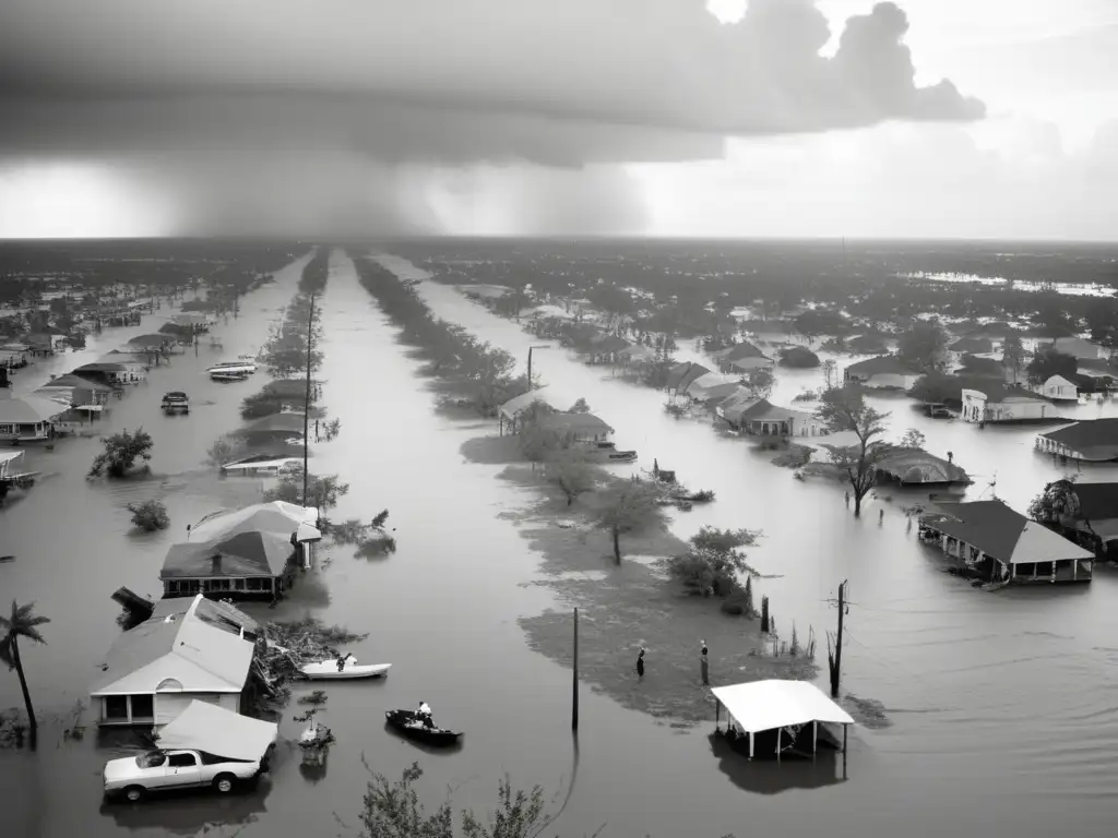 In this stark monochrome photo, Hurricane Katrina's devastation reigns in New Orleans