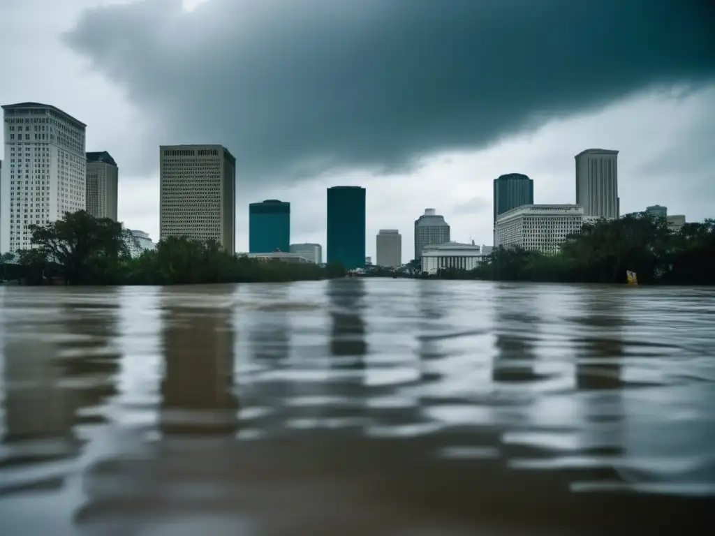 The flooded city of New Orleans during Hurricane Katrina stands tall with buildings submerged and trees downed, all engulfed in a murky and muddy path