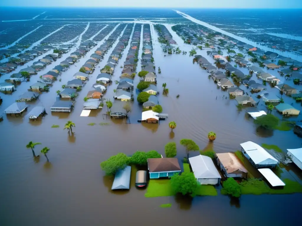 A haunting aerial shot of New Orleans after Hurricane Katrina, capturing the devastation and despair that swept through the city, with crumbling buildings, submerged vehicles, and debris scattered throughout the neighborhood