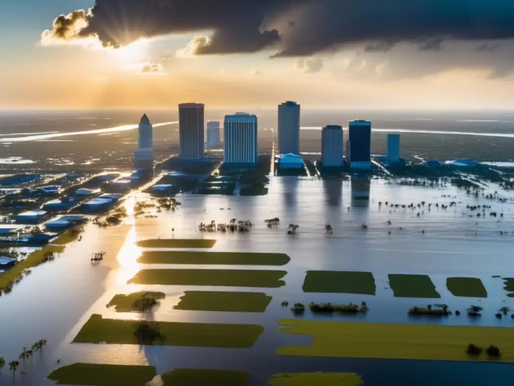 A haunting aerial shot of New Orleans during Hurricane Katrina, with the city skyline in ruins spread over an expansive floodplain