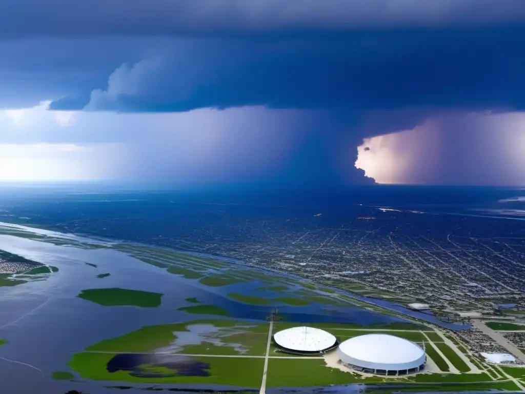 A breathtaking aerial photo of the Mississippi Gulf Coast during Hurricane Katrina, showcasing the chaos and devastation caused by the storm in 2005