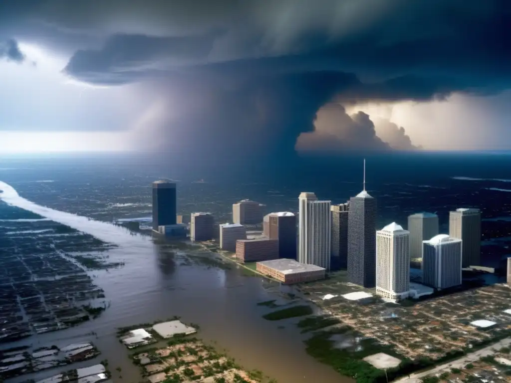 Hurricane Katrina's devastating landfall in 2005, captured from above with the city skyline in the background, showcases the widespread destruction caused by the massive storm