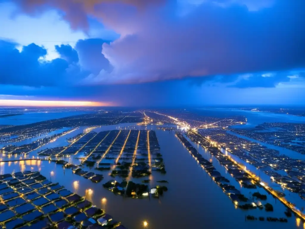 A cinematic view of New Orleans' devastation during Hurricane Katrina in 2005 from an aerial perspective