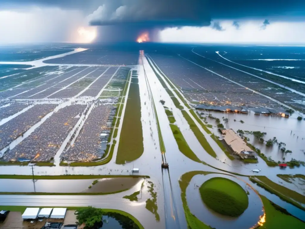 Hurricane Katrina's devastation in New Orleans, loungers submerged, buildings crushed, piano and saxophone harmonies blend with despair